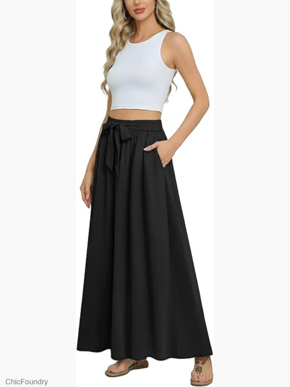 Maxi Skirt with Pockets, Elastic Waist, Tie Knot, Chiffon Fabric, Summer Casual